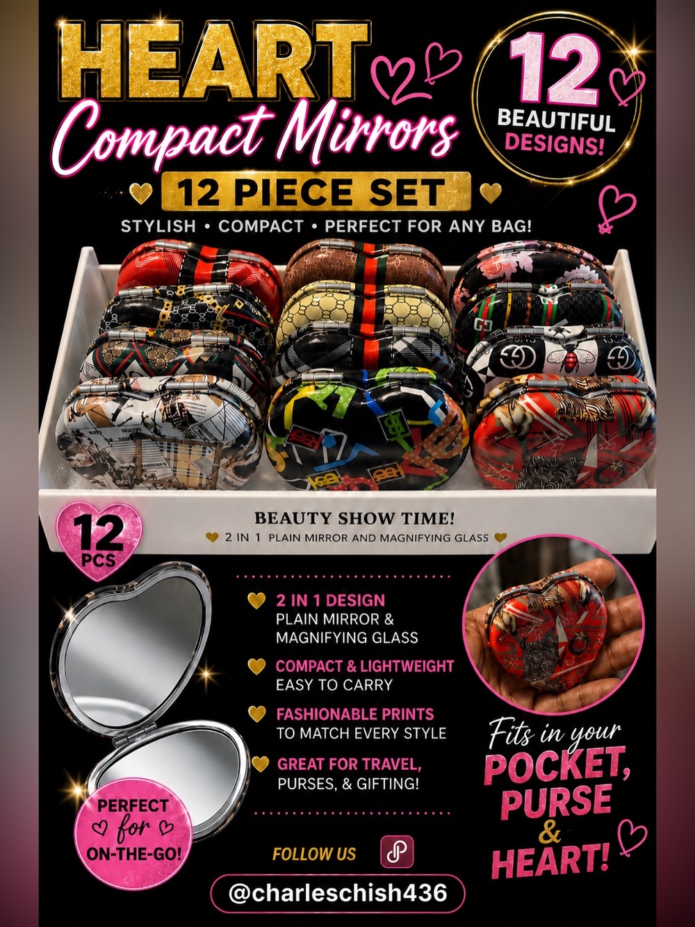 12-Piece Heart Compact Mirrors - Colorful Printed Designs
